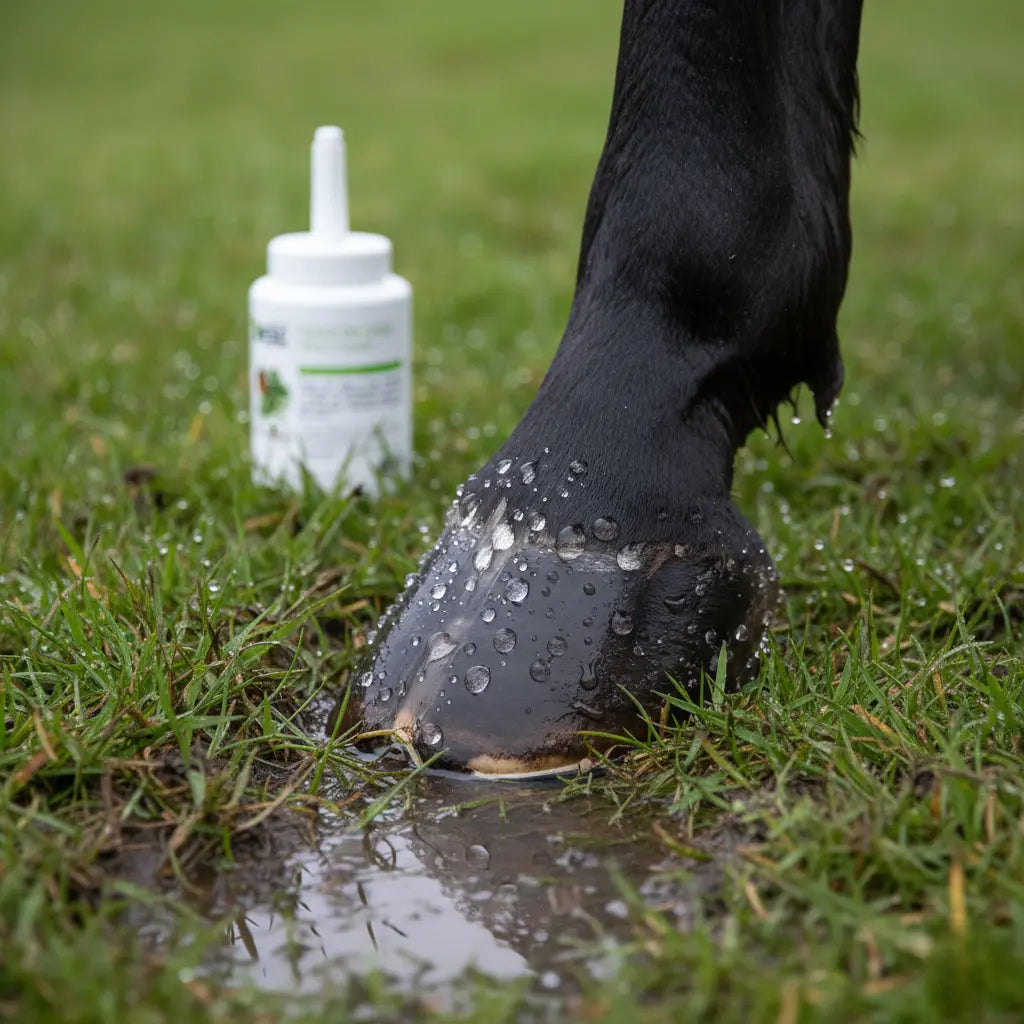 Soin protecteur sabot cheval contre l'humidité et la boue.