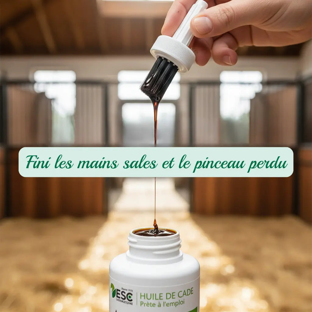 Huile de cade pour sabot avec pinceau intégré facile d'application.