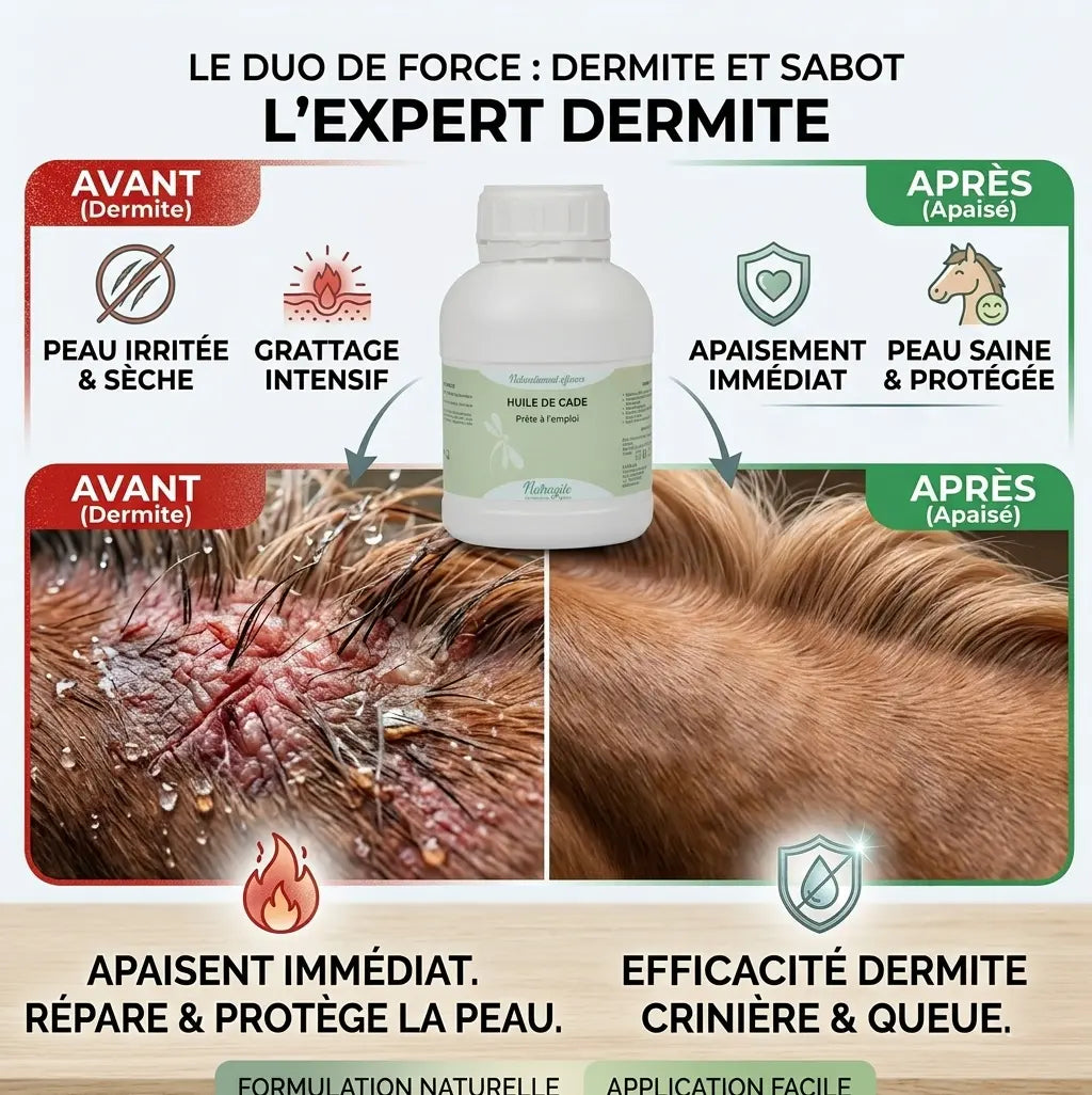 Huile de cade Nutragile pour soigner la dermite de la crinière et de la queue du cheval.