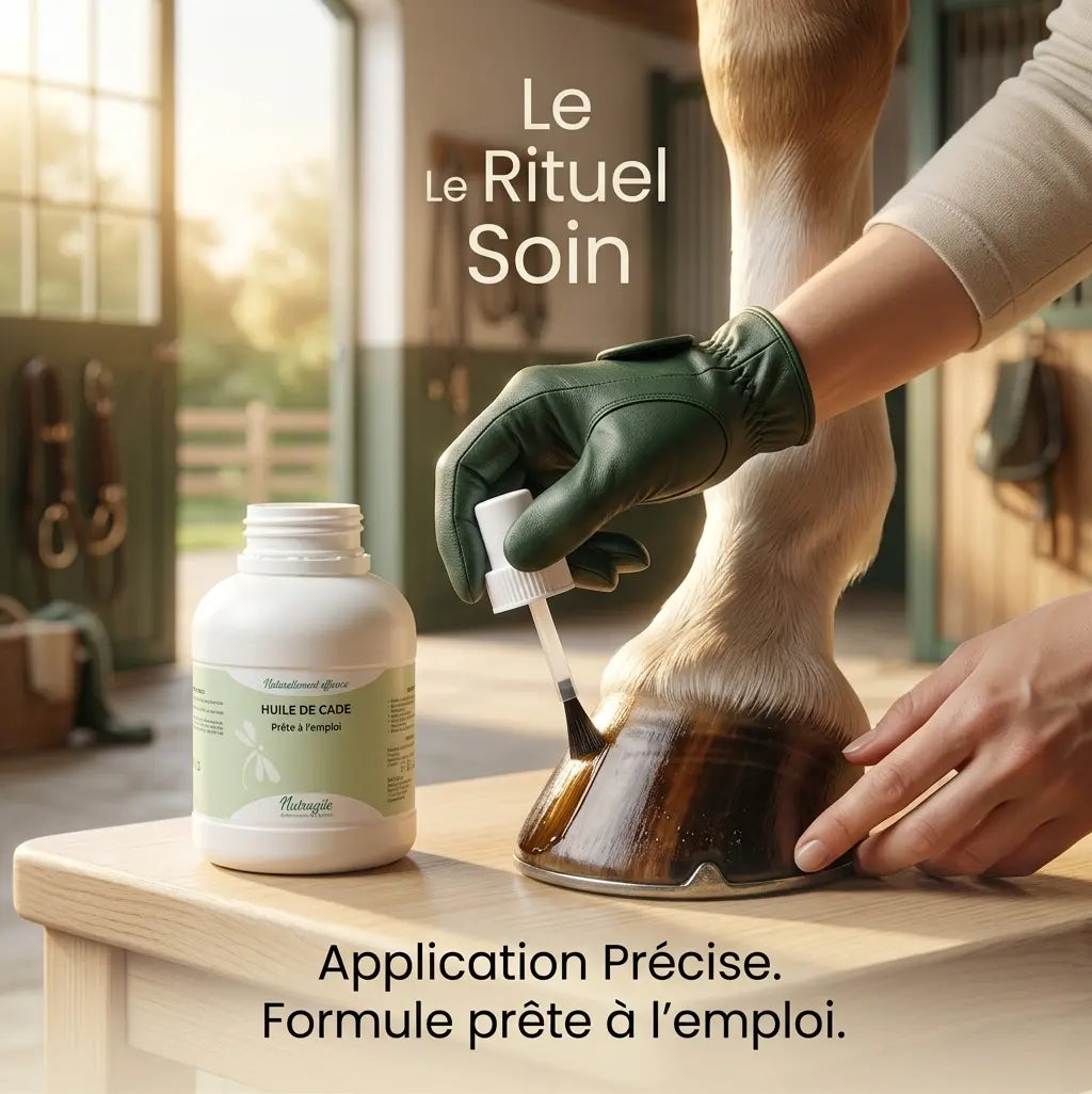 Application facile de l'huile de cade Nutragile sur le sabot du cheval.