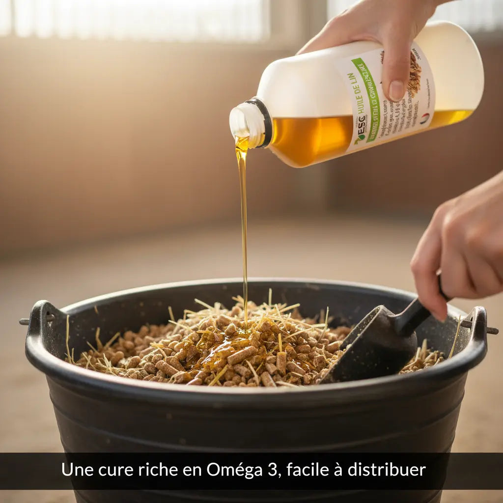 Huile de lin ESC Laboratoire versée sur une ration pour cheval.