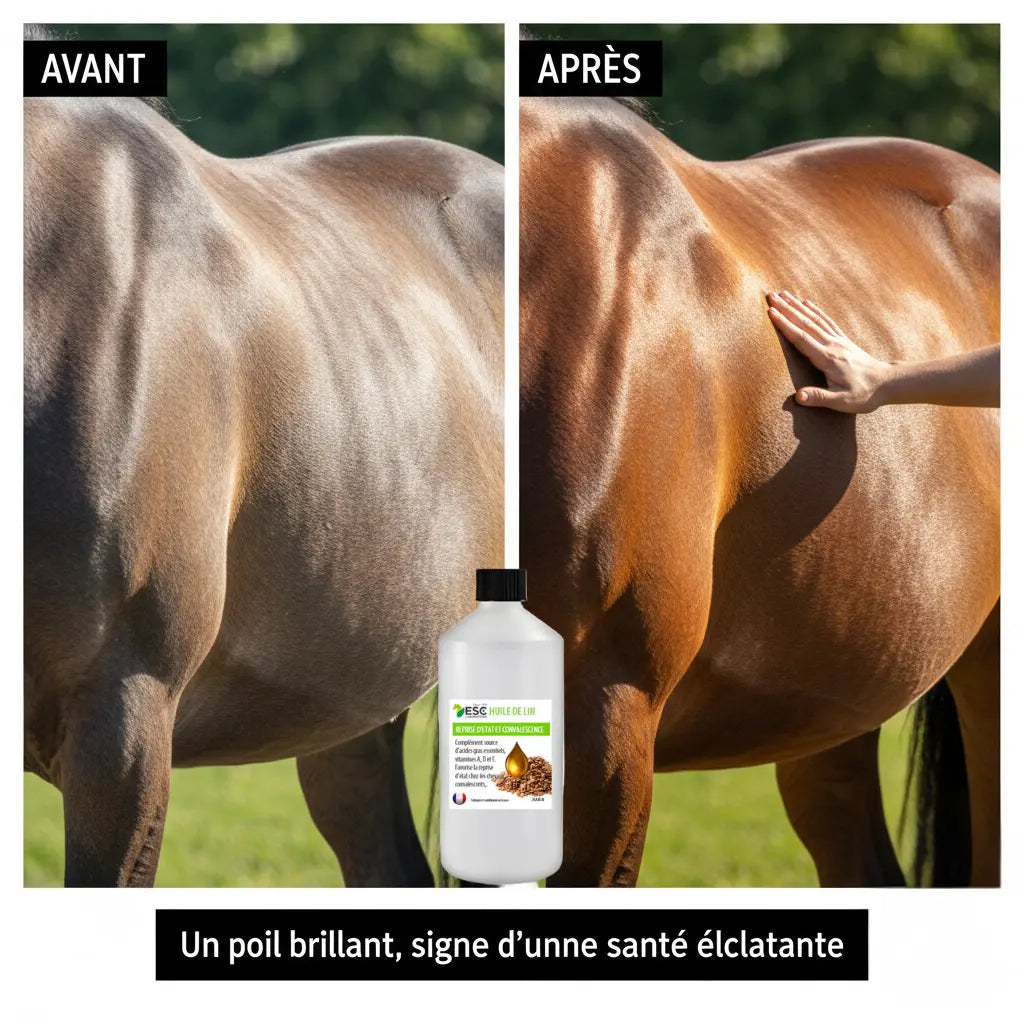 Avant-après cure huile de lin cheval pour un poil brillant et soyeux.