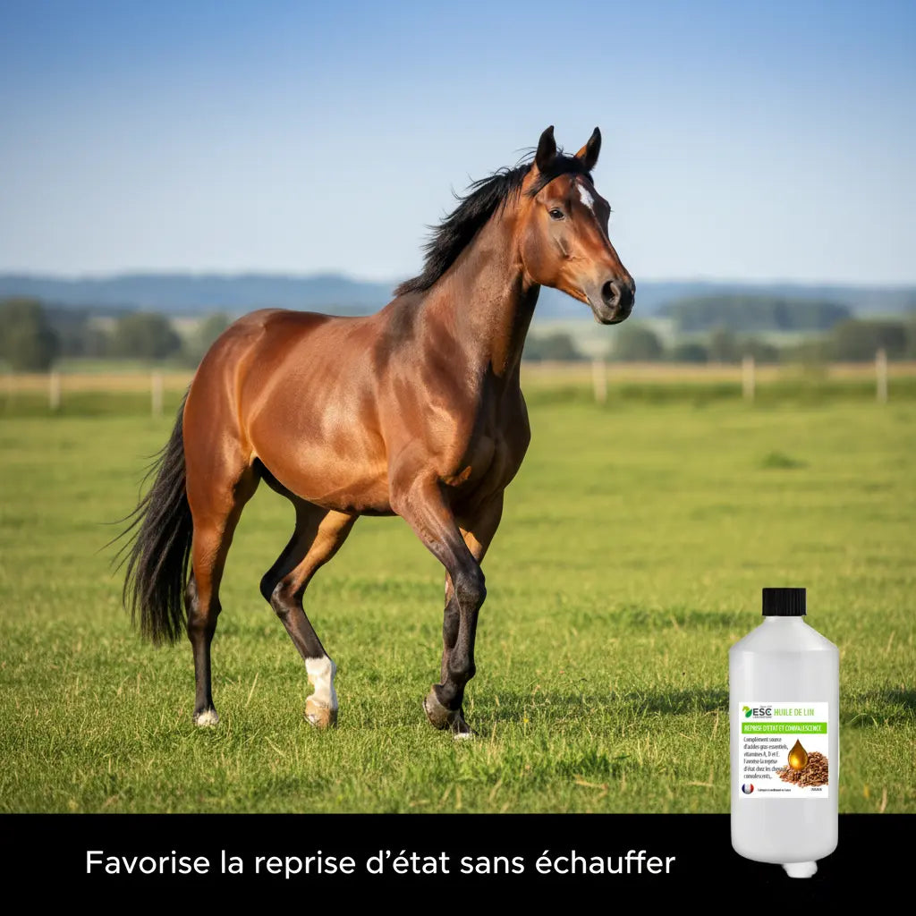 Cheval en pleine forme grâce à l'apport d'oméga 3 huile de lin.