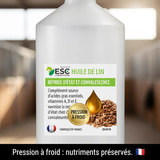 Huile de lin qualité premium pression à froid pour chevaux ESC Laboratoire.