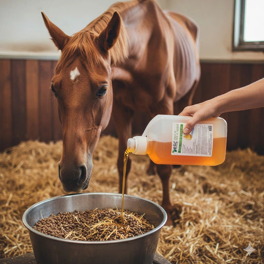 Cheval maigre en train de prendre sa ration d'huile de foie de morue