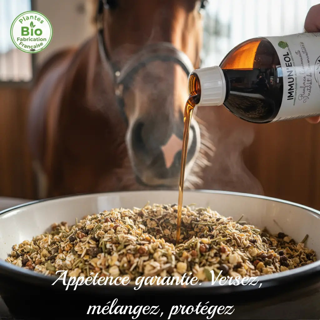 Administration facile Immun'Eol : complément liquide versé sur la ration du cheval.