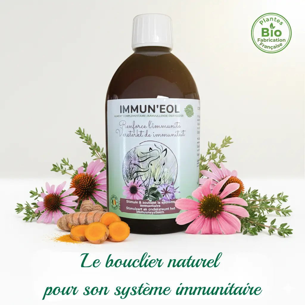 Complément Immun'Eol : défense naturelle cheval aux extraits de plantes fraîches.