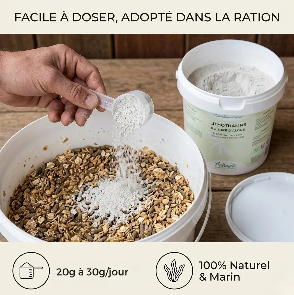 Poudre lithothamne Nutragile : dosage facile dans la ration quotidienne du cheval.