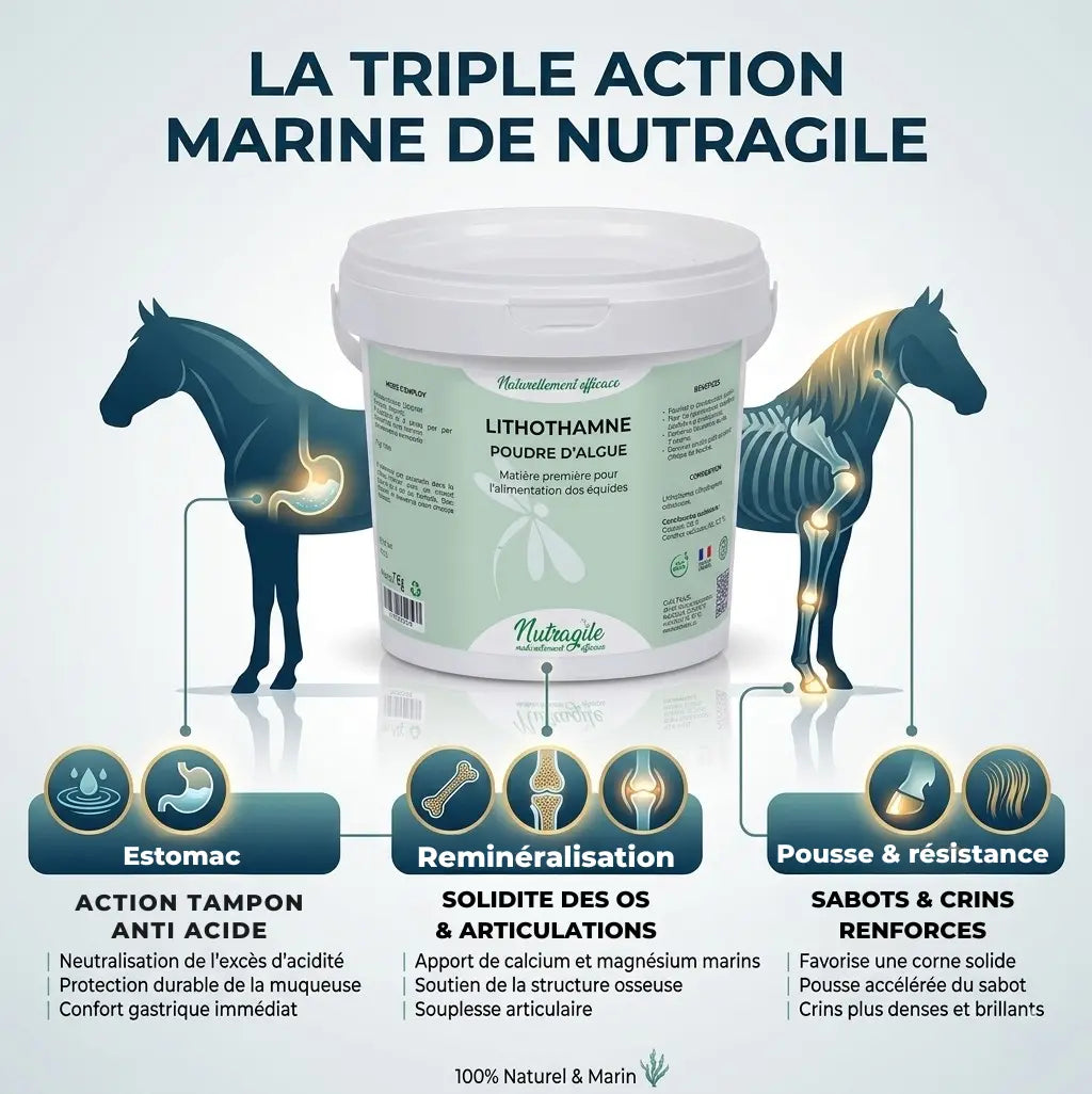Infographie bienfaits lithothamne cheval : action estomac, os et sabots solides.