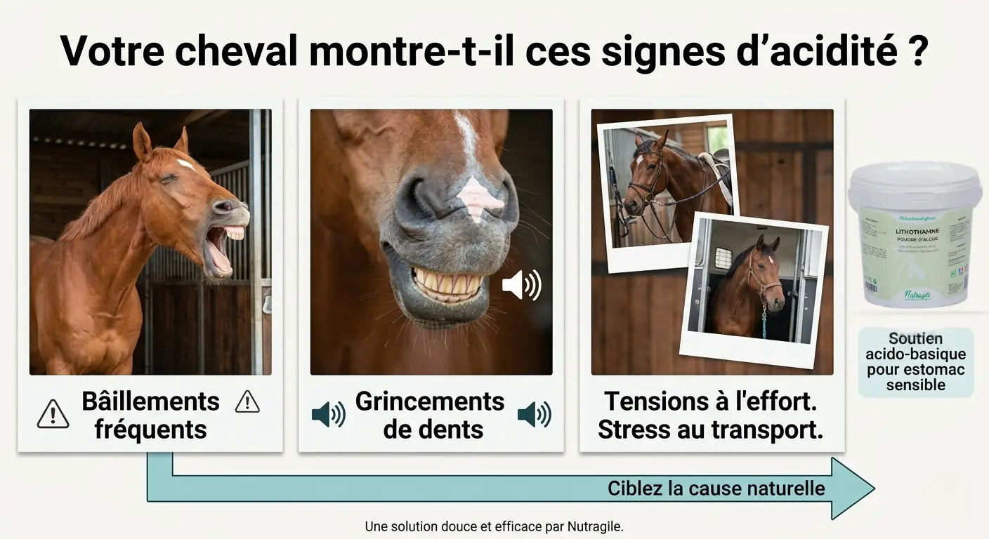 Signes ulcères et acidité cheval : bâillement, stress, douleurs gastriques résolues par le lithothamne.