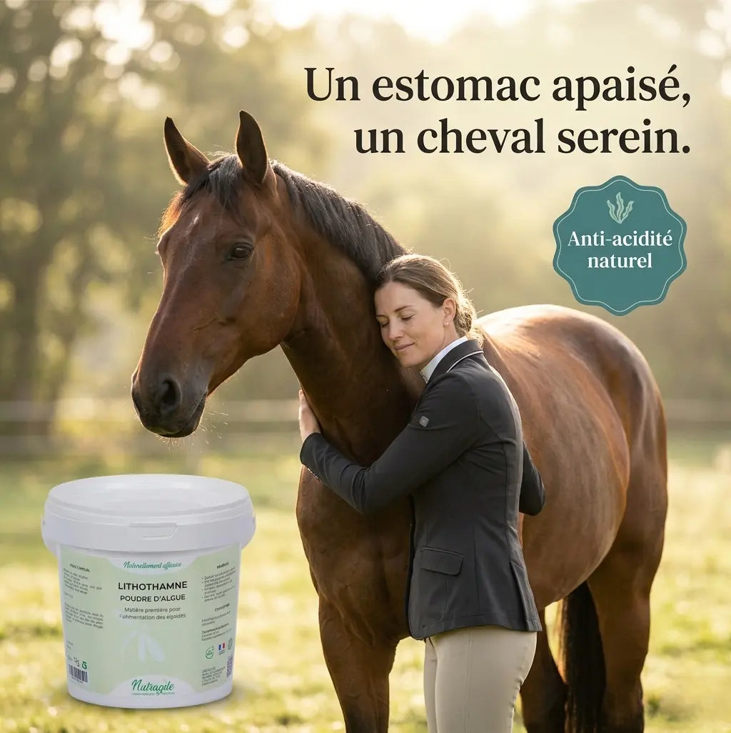 Complément lithothamne cheval : propriétaire et son cheval apaisé, confort gastrique retrouvé.