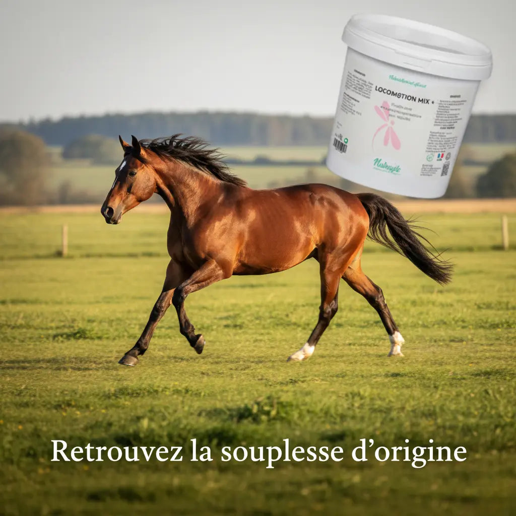 Cheval au galop en pleine liberté illustrant la souplesse articulaire Nutragile.