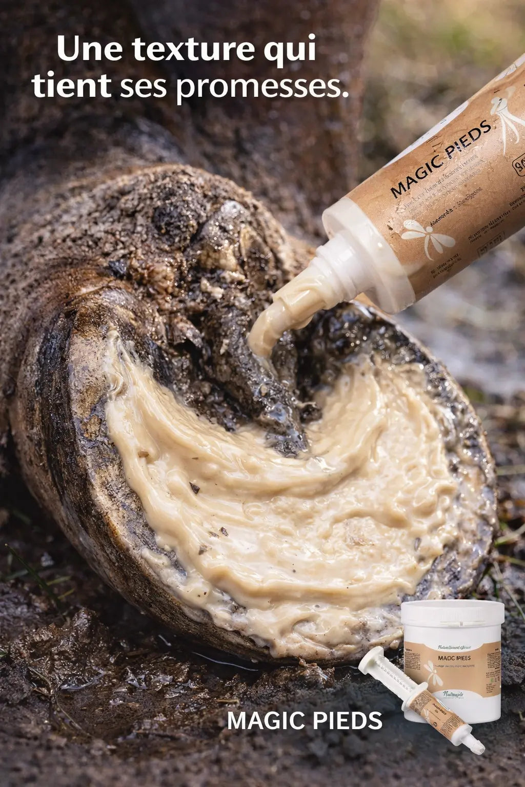 Texture argile protectrice Magic Pieds pour sole et fourchette.