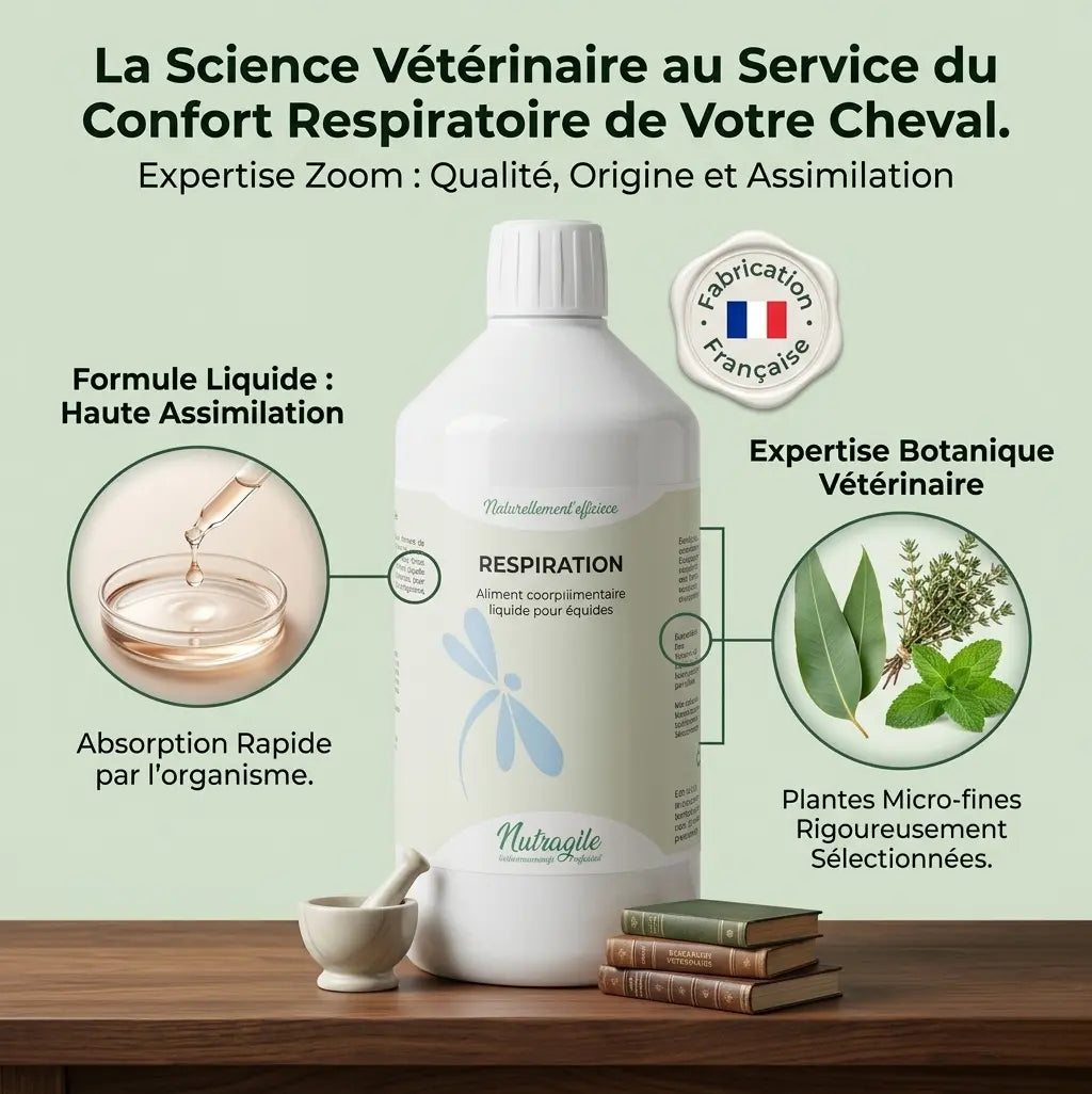 Complément liquide naturel pour cheval, haute absorption et fabrication française.