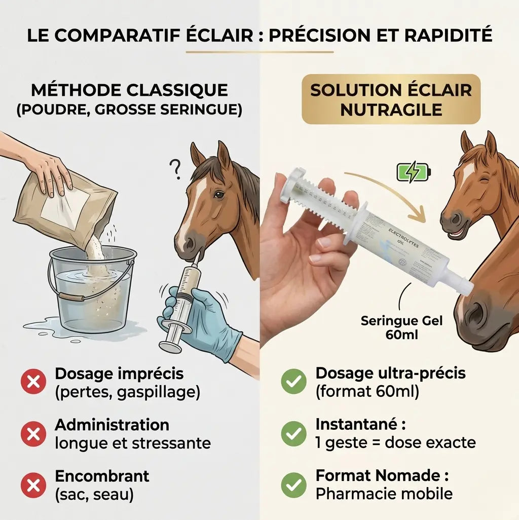 Comparaison électrolytes cheval : seringue Nutragile pour un dosage précis et immédiat.