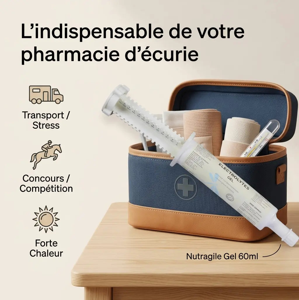 Seringue électrolytes cheval Nutragile pour réhydratation rapide en concours ou transport.