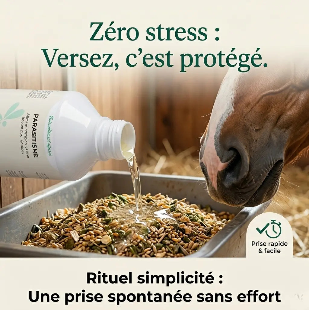 Utilisation facile du Nutragile Parasitisme liquide sur la ration du cheval.