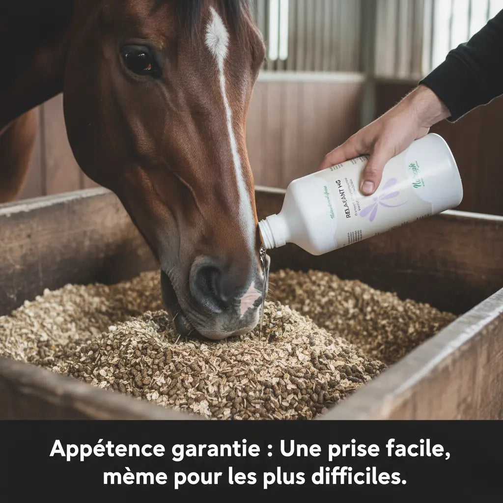 Magnésium liquide pour cheval facile à administrer sur la ration quotidienne.