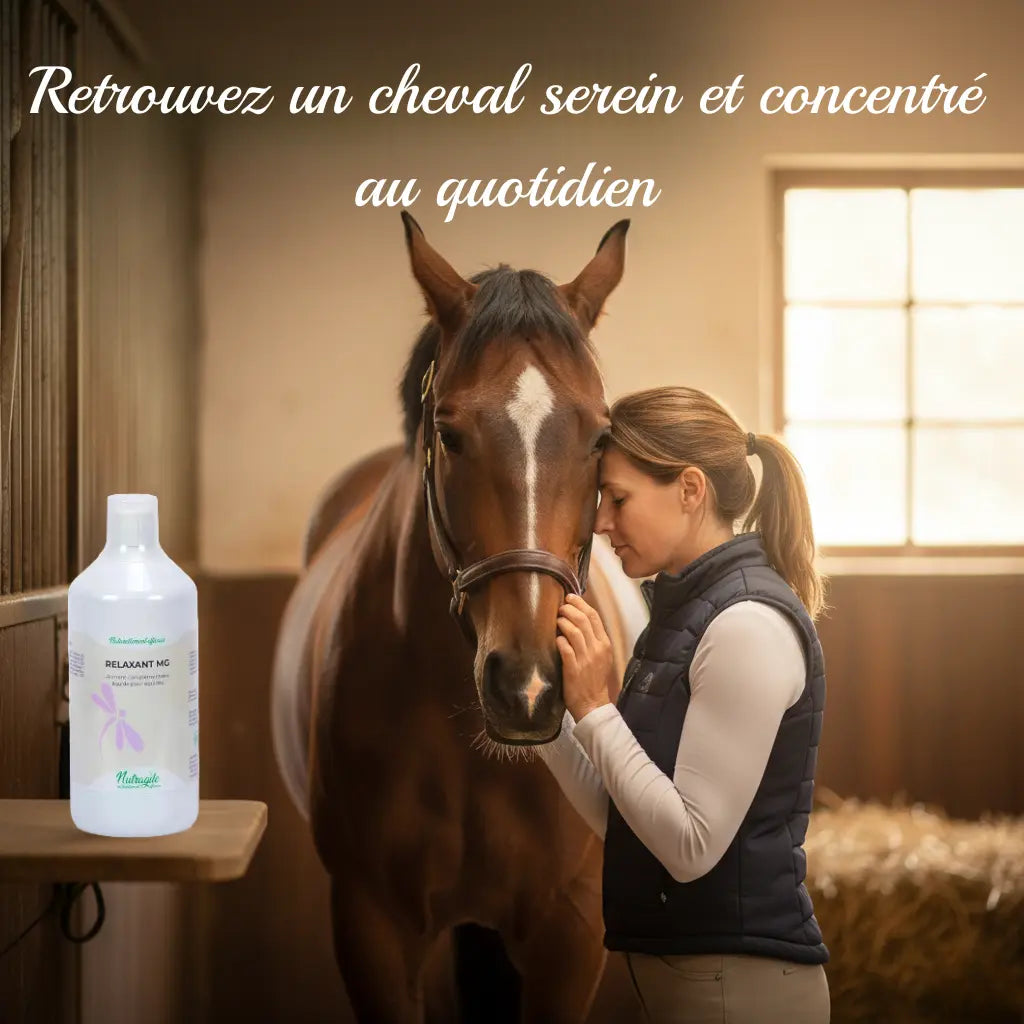Cheval calme et détendu après une cure de magnésium liquide Equinspiration.
