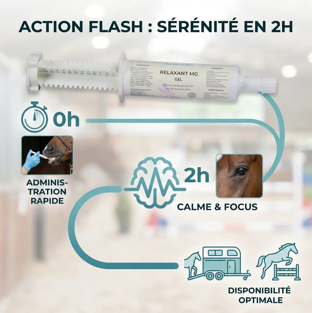 Infographie seringue magnésium cheval action rapide avant effort.