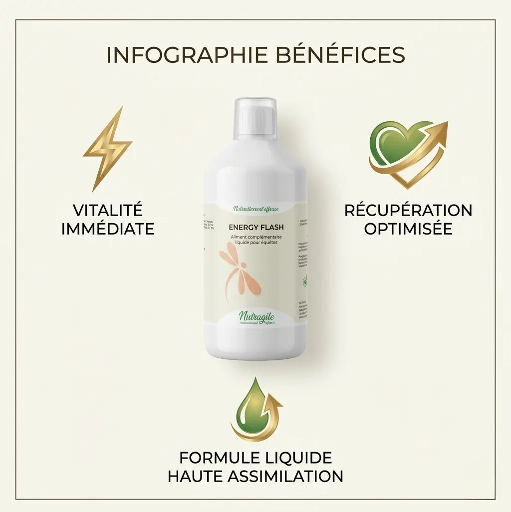Infographie bienfaits Energy Flash : vitalité, endurance et récupération cheval.