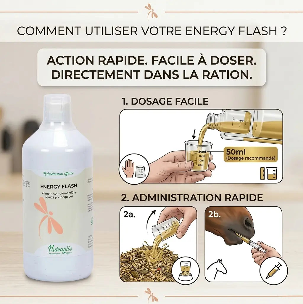 Mode d'administration simple du booster Energy Flash liquide pour chevaux.