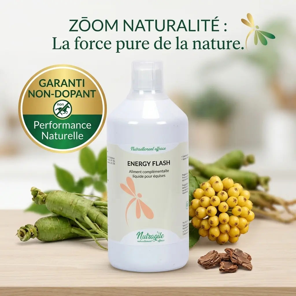 Complément naturel cheval Energy Flash garanti sans substances dopantes.