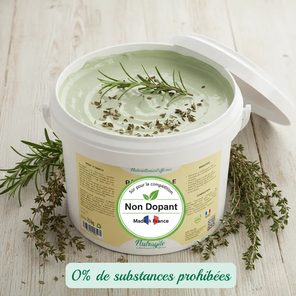 Argile de soin cheval non dopante aux extraits de plantes, fabriqué en France.