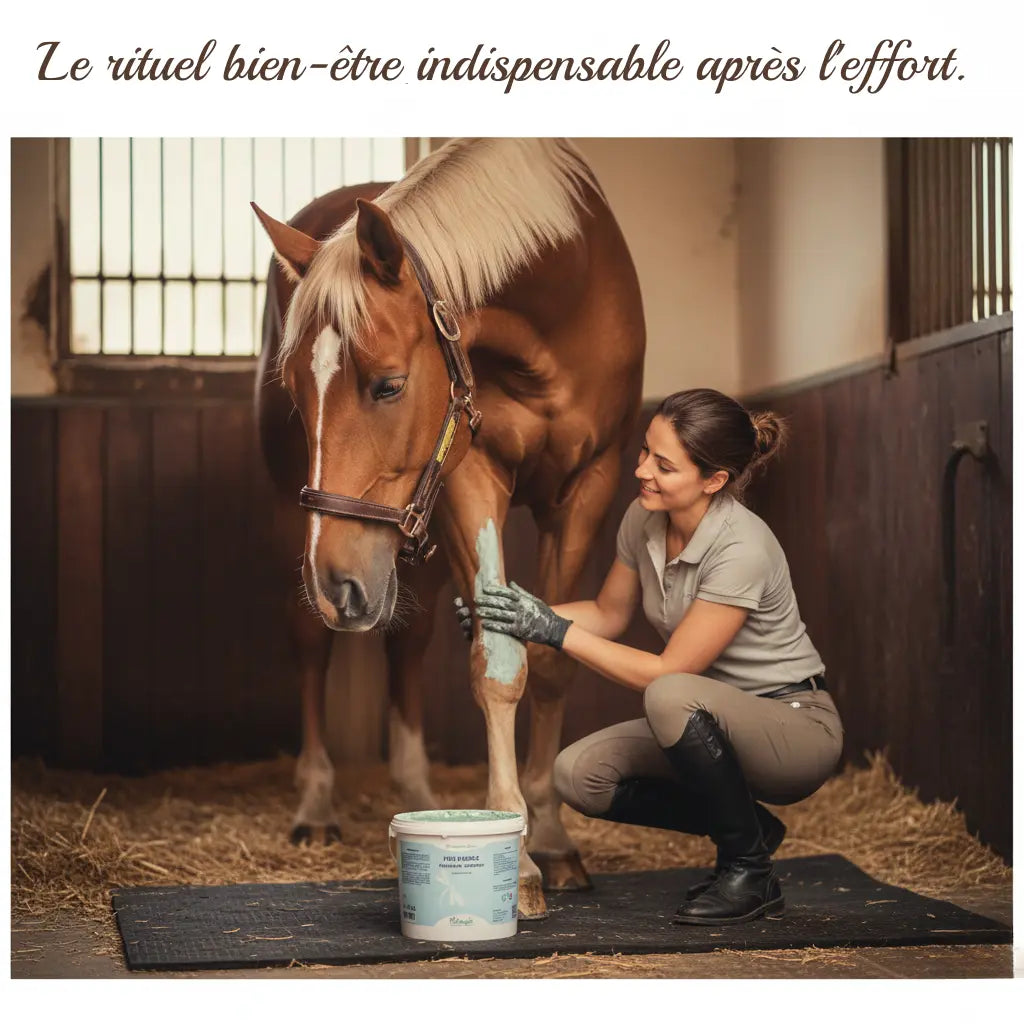 Cavalier appliquant l'argile Nutragile pour la récupération du cheval au box.