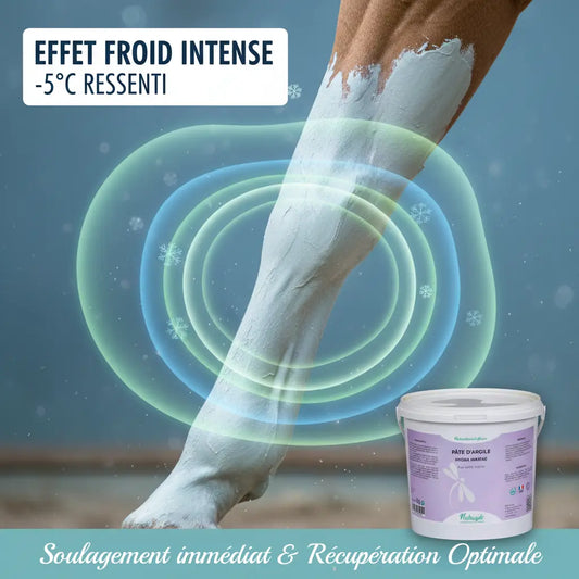 Argile Hydra-Marine Nutragile appliquée sur membre cheval pour effet froid.