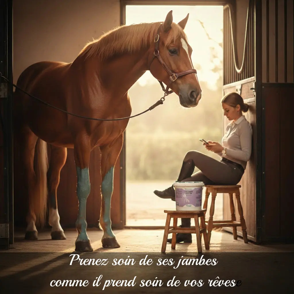 Cheval au repos avec argile marine Nutragile après une séance d'équitation.