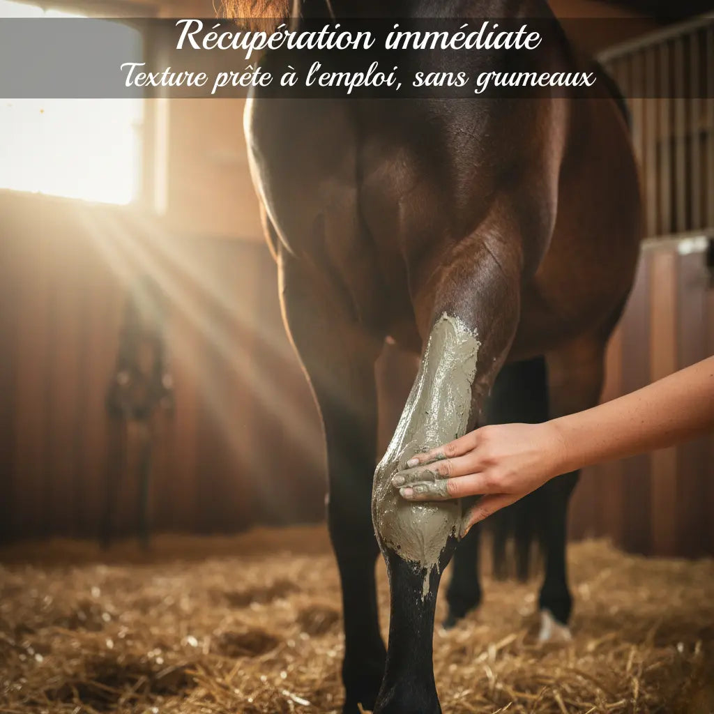 Application argile Nutragile sur les membres du cheval pour récupération après effort.