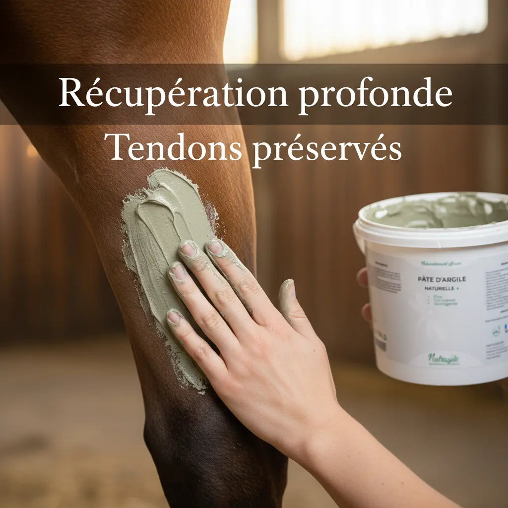 Argile Nutragile appliquée sur les membres d'un cheval pour la récupération.