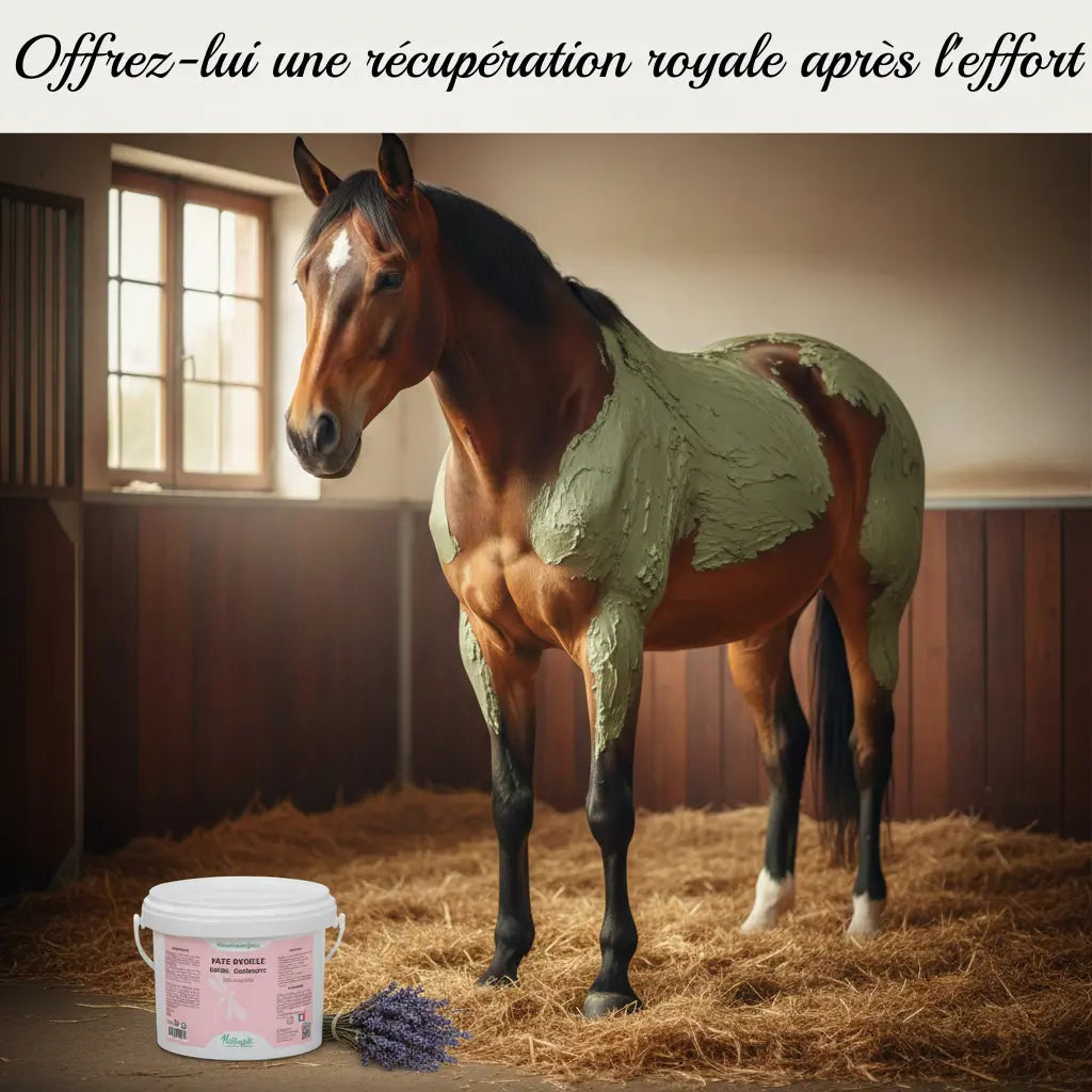 Cheval relaxé au box après l'application de l'argile détox Nutragile en fin de séance.