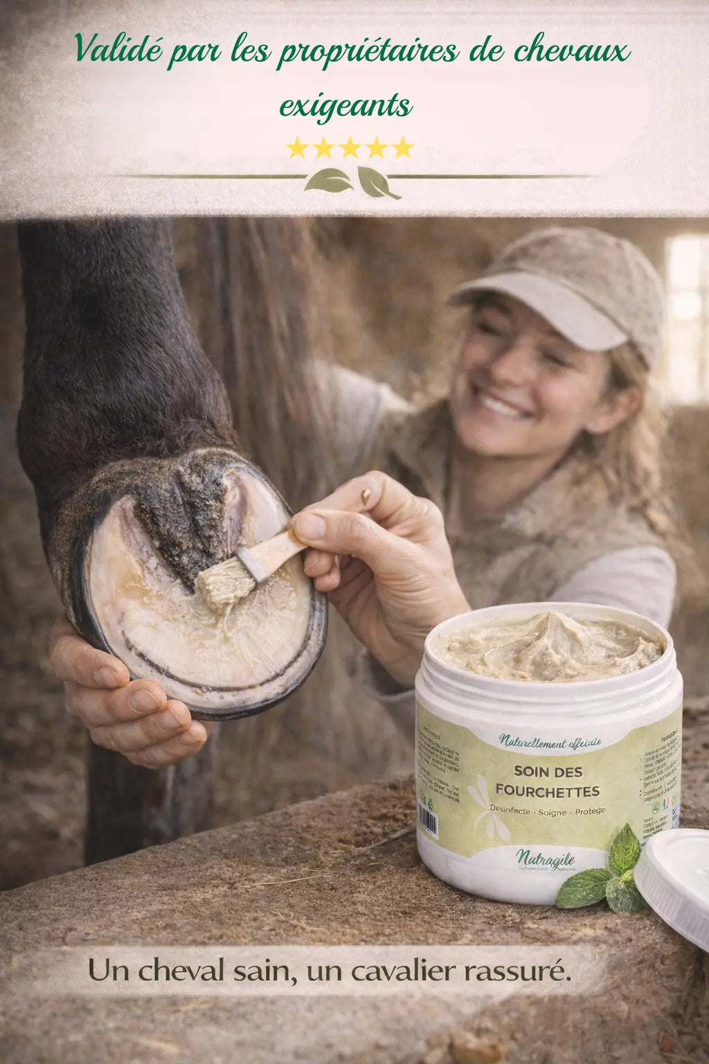 Cavalier appliquant le soin Nutragile pour protéger les fourchettes de son cheval.