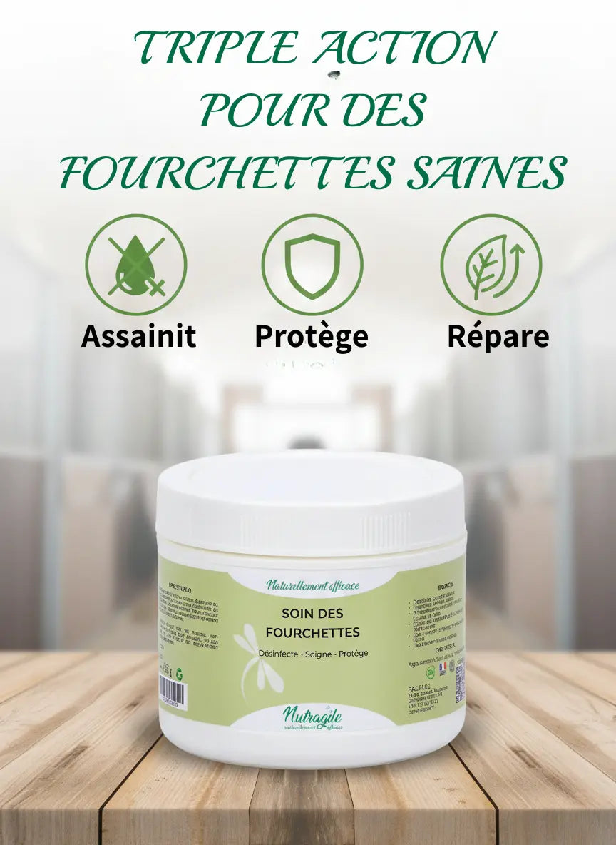 Infographie bénéfices soin fourchette : assainissant et protecteur sabot.