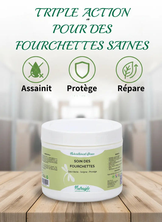 Infographie bénéfices soin fourchette : assainissant et protecteur sabot.