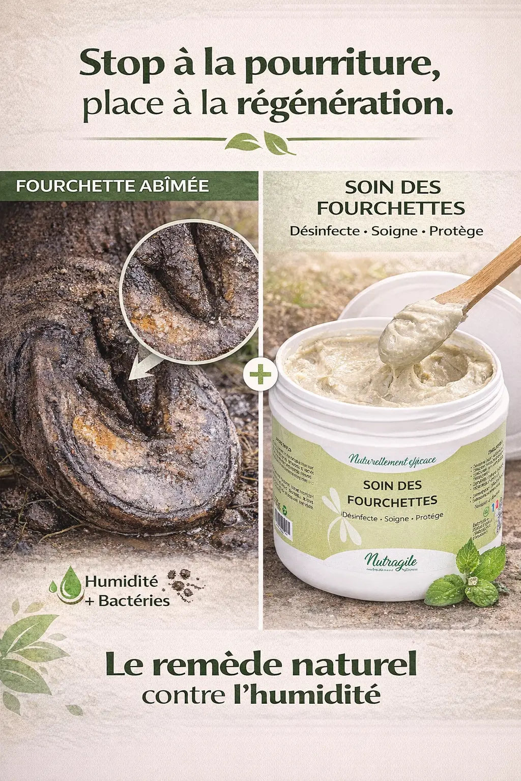 Soin fourchette Nutragile : l'argile active contre la pourriture du sabot.