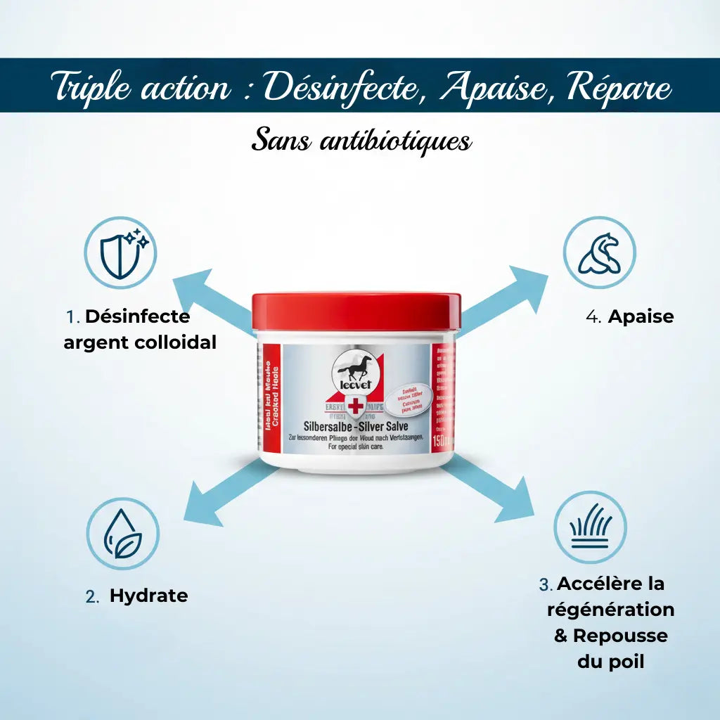 Bénéfices baume argent Leovet : cicatrisant et antiseptique cheval