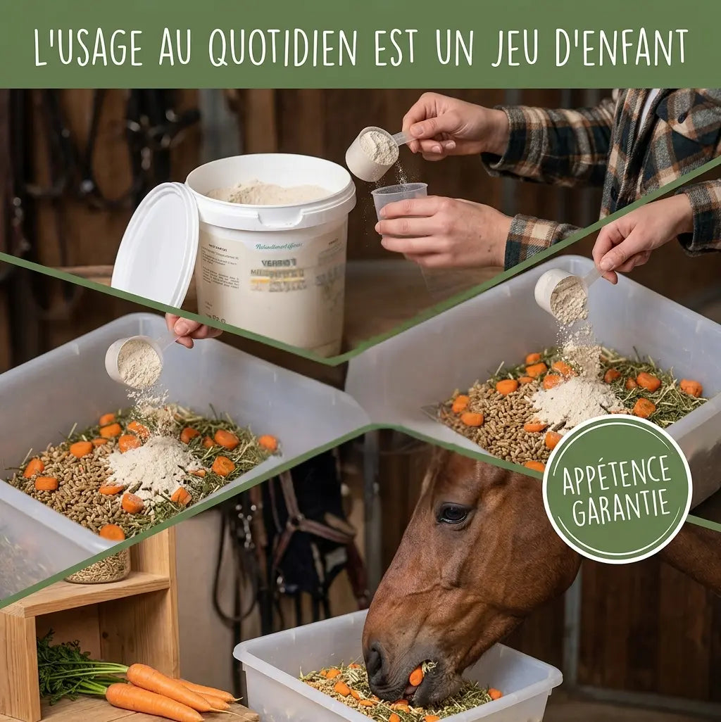 Utilisation facile de la poudre Nutragile Verrue : une dosette dans la ration du cheval.