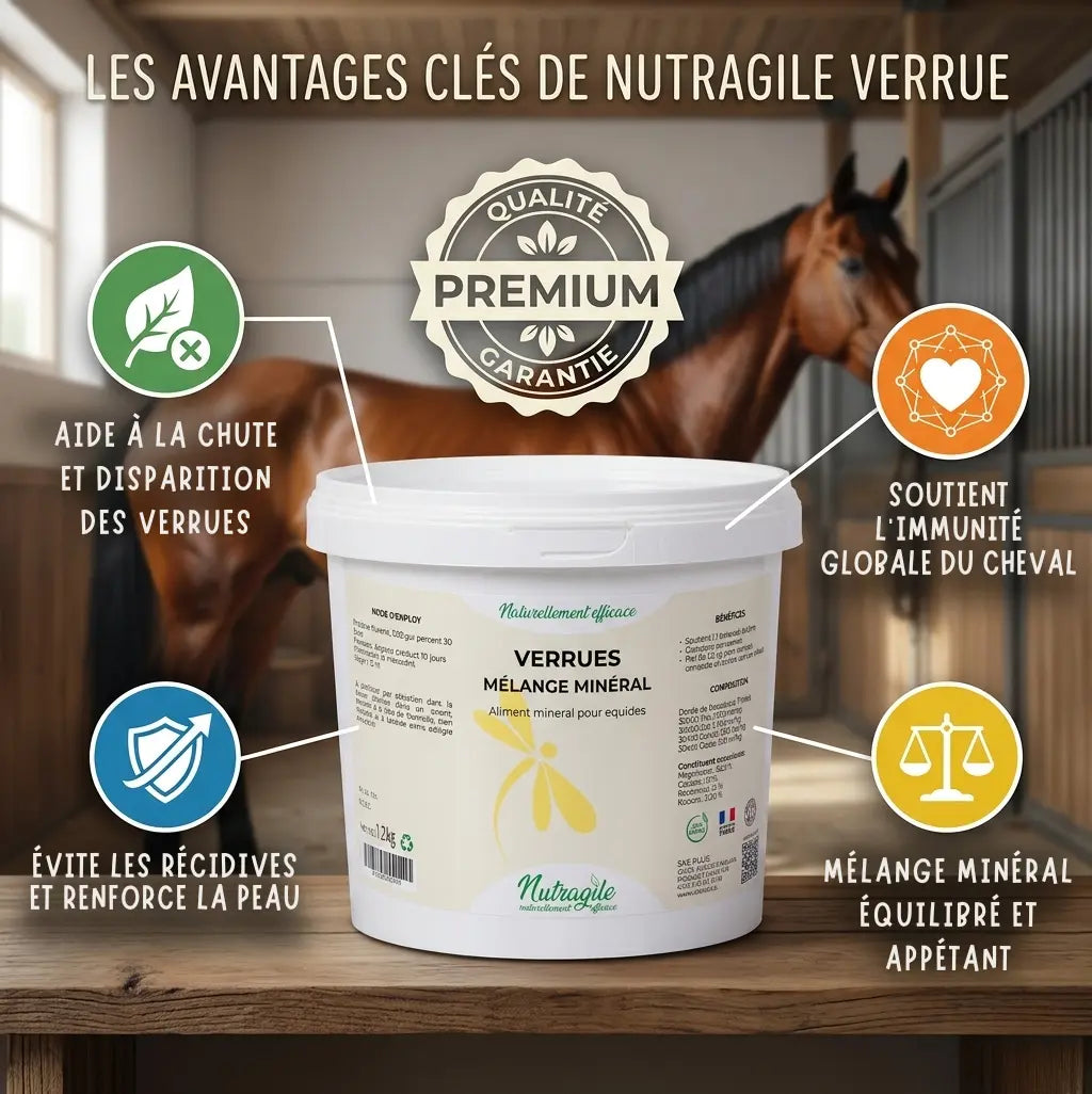 Nutragile Verrue : élimination naturelle des sarcoïdes et renforcement immunitaire équin.