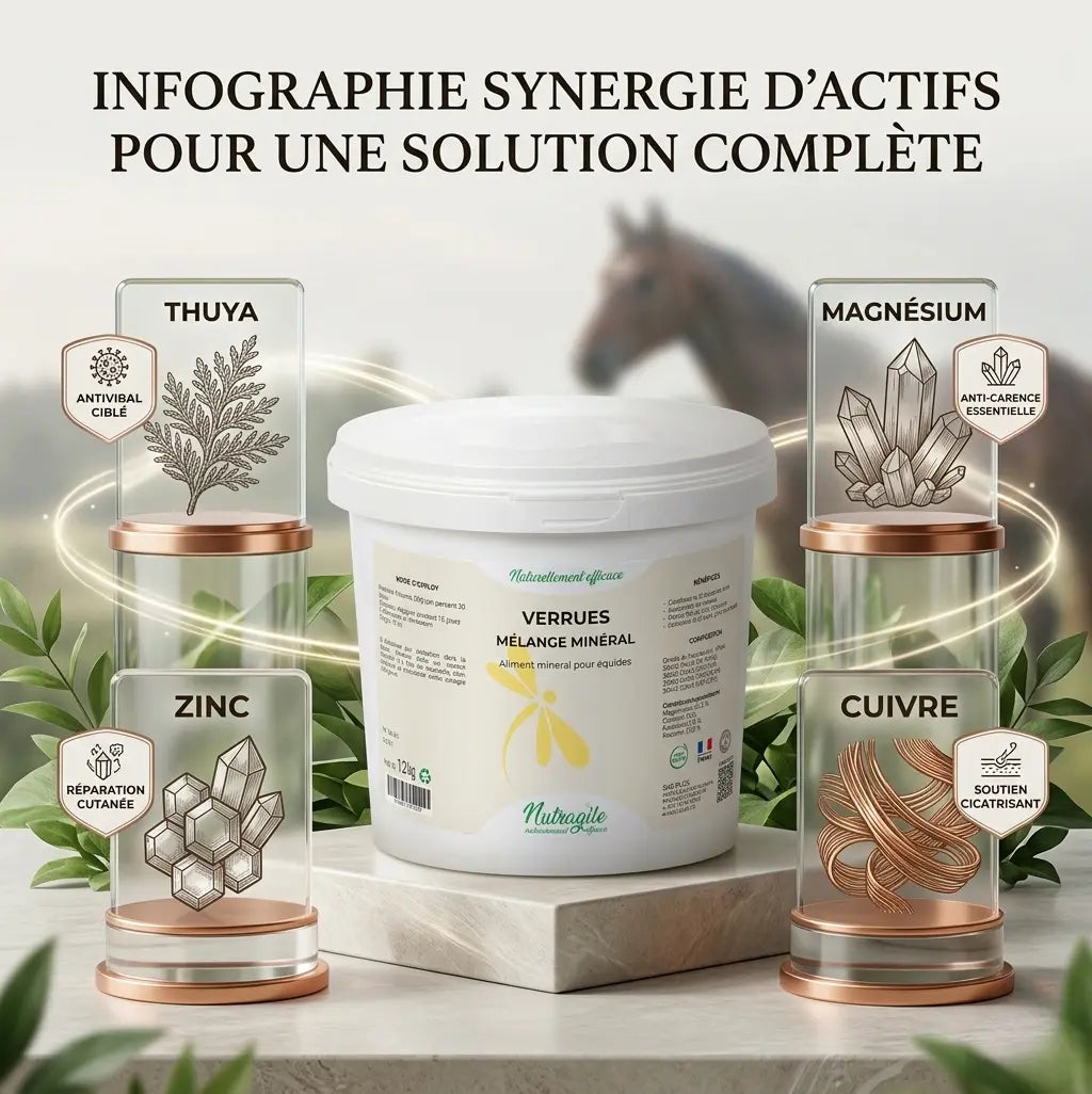 Ingrédients naturels Nutragile : Thuya, Magnésium, Zinc et Cuivre pour traiter les verrues du cheval.
