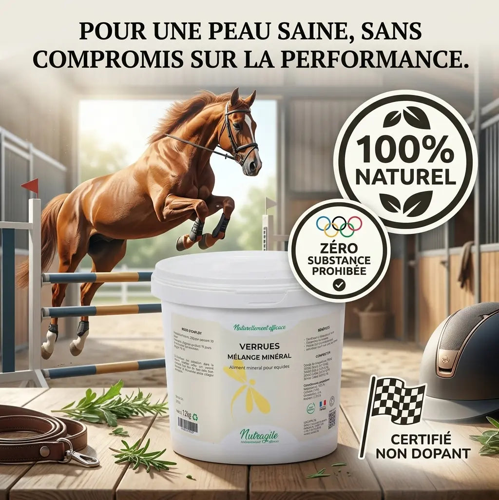 Complément naturel non dopant pour verrues et sarcoïdes, idéal pour chevaux de compétition.