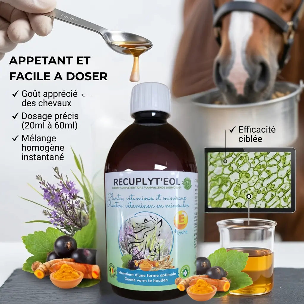 Zoom sur le liquide Récupéol-E et son bouchon doseur précision.