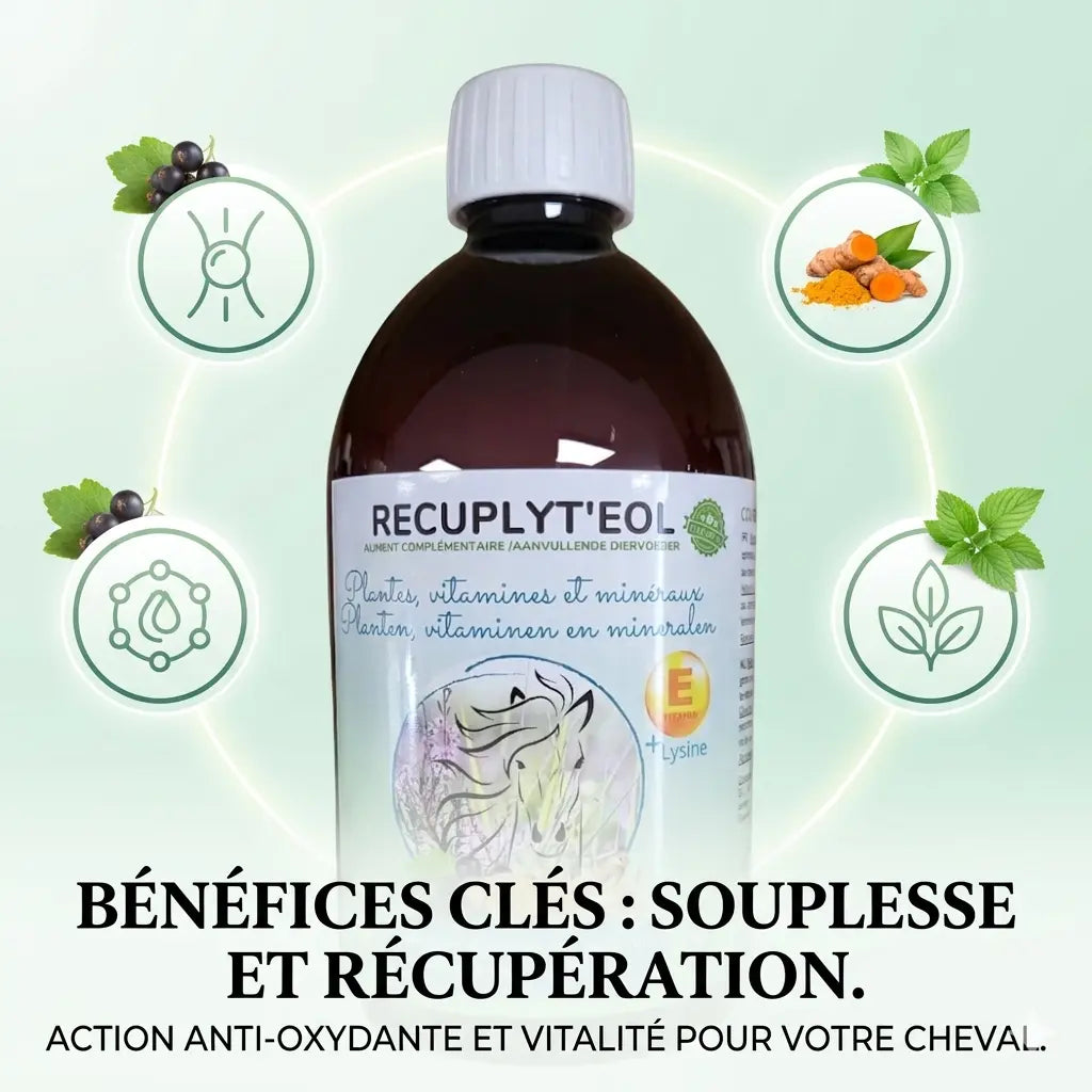 Infographie des bienfaits du Récupéol-E pour les muscles du cheval.