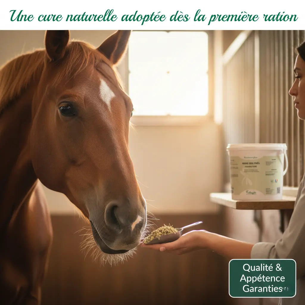 Cheval mangeant sa dose de Reine des prés Nutragile pour ses articulations.
