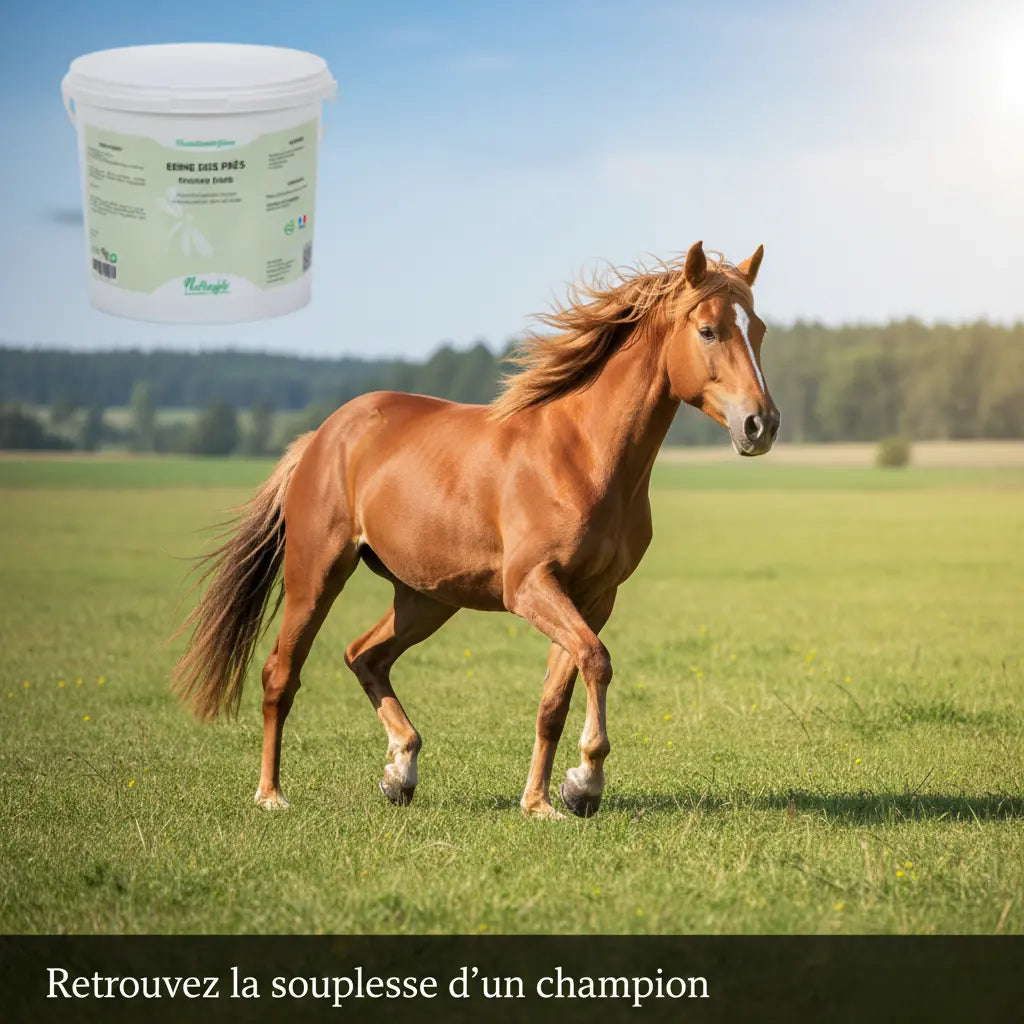 Cheval au galop montrant la souplesse articulaire grâce à la reine des prés.