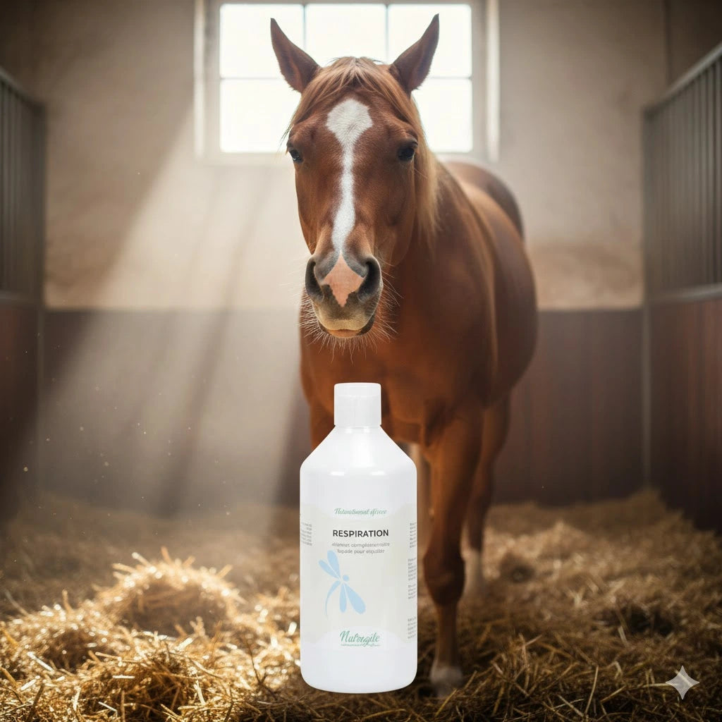 Cheval dans un box avec un produit Nutragile Respiration Liquide 1 Litre complément alimentaire toux cheval