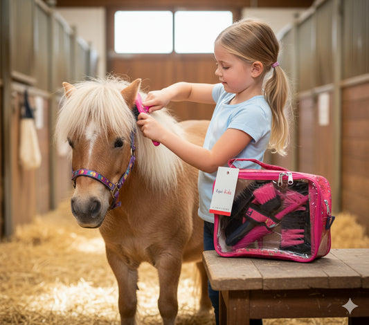 Enfant qui brosse son poney avec le kit July