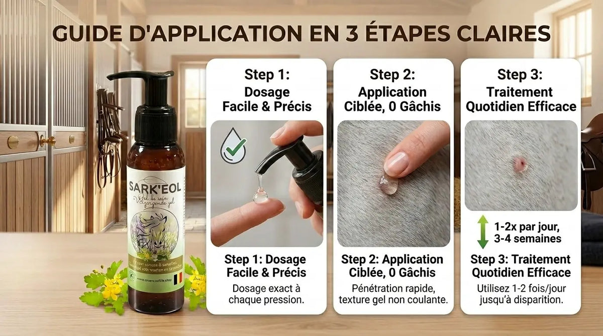 Application facile du gel soin sarcoide cheval flacon pompe hygienique